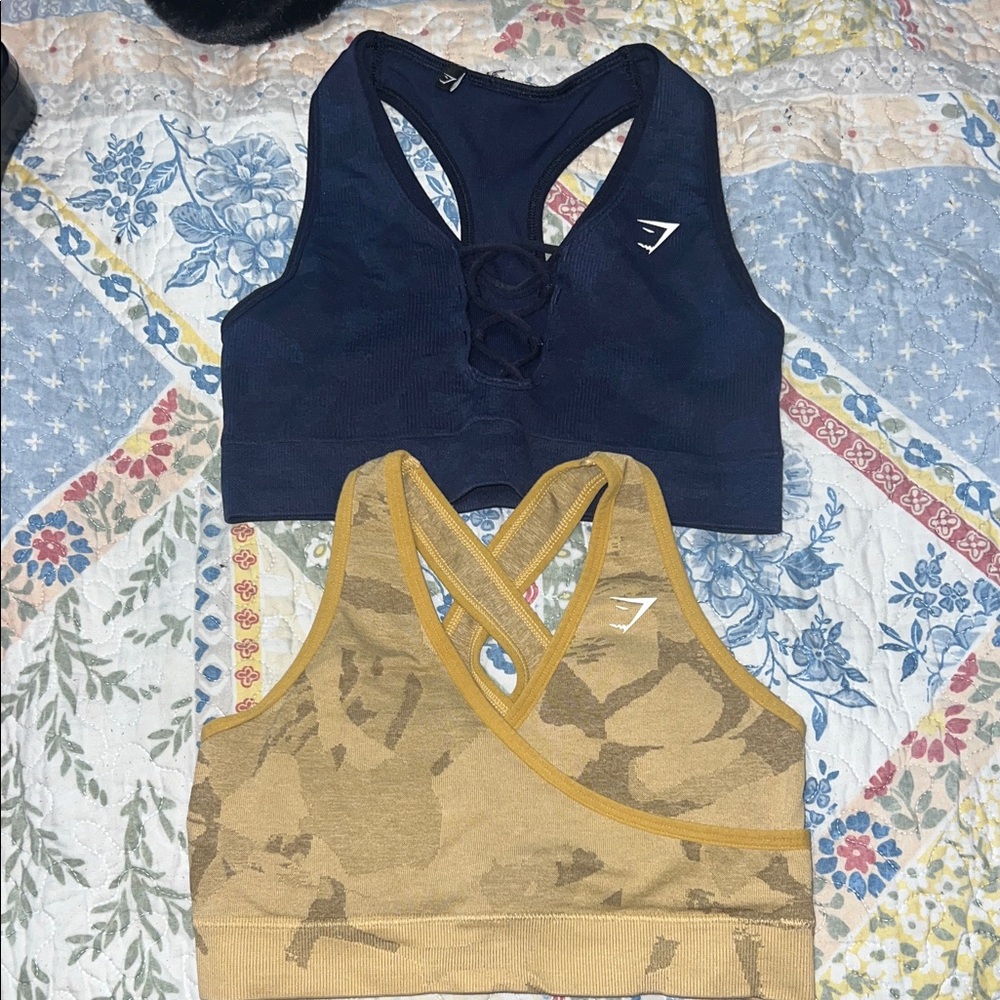 Gymshark Women's Navy and Yellow Sports bra